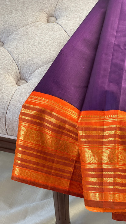 Pure silk Kanchipuram - silk mark - grape purple and tangerine orange