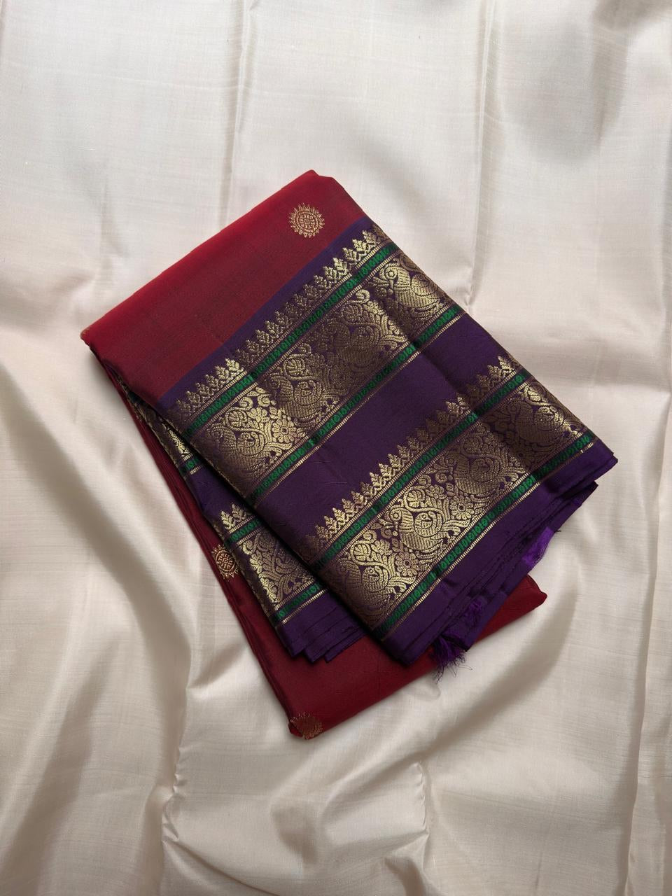 Arakku Red and Royal Purple Rettapet pure silk Kanjivaram saree, handwoven by Idam Living – view 5