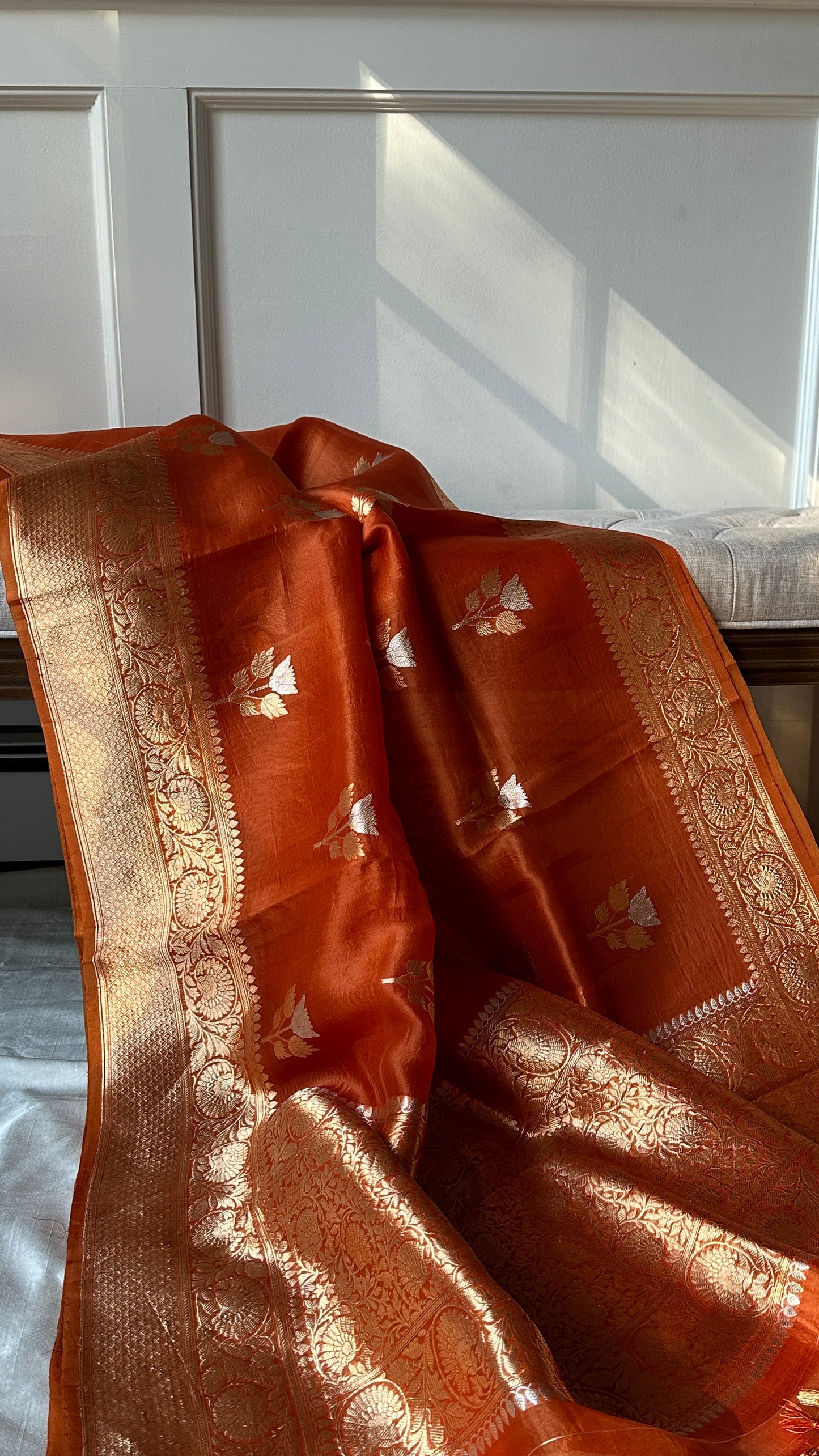 Pure silk kora Banarasi in kaduva weave - Amber