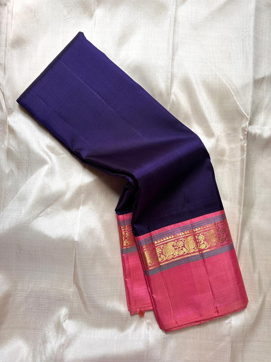 Purple  Pure Kanchipuram Silk Saree with Kaal Erangina pink Zari Border