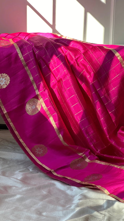 Pure silk kaduva Benares sarees “Raw mango” style - Pink checked