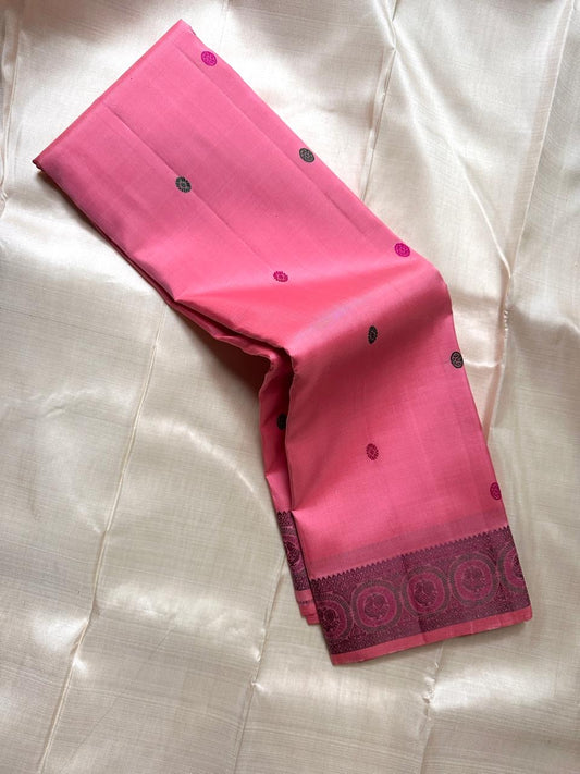 Rose Thread Work Butta — Pure Kanchipuram Silk
All-thread weave in rose pink with magenta & olive buttas, zari-free elegance
Plum-purple parrot medallion border • Paisley pallu • Silk Mark Certified • Free Shipping USA