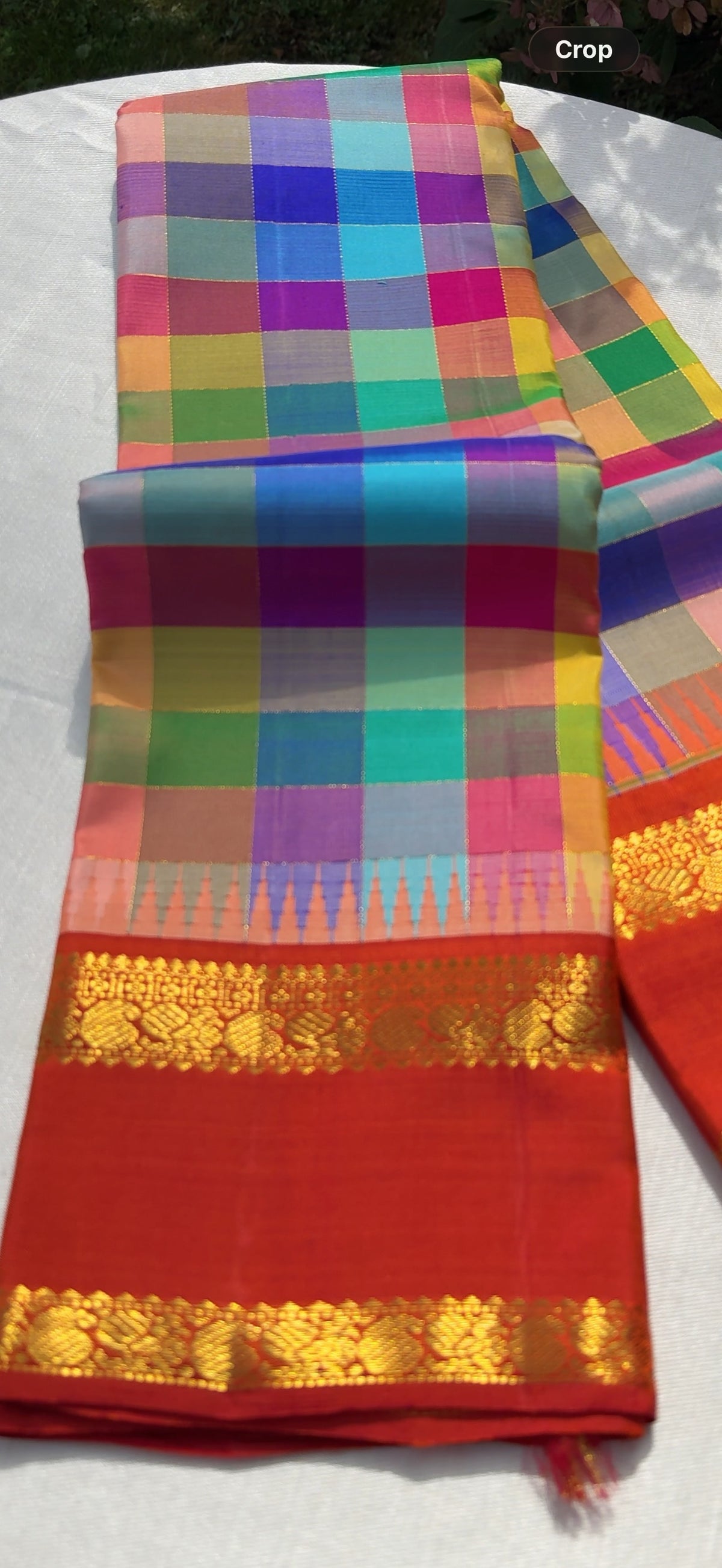 Dense four-ply Kanchipuram pure silk saree handwoven over 35 days in multicolour Kanchi Kattam checks