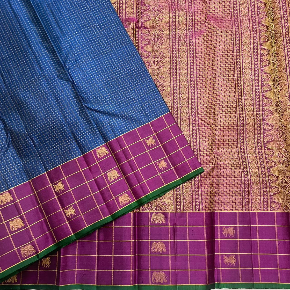 Vintage Kanchipuram saree in slate blue with fine zari checks