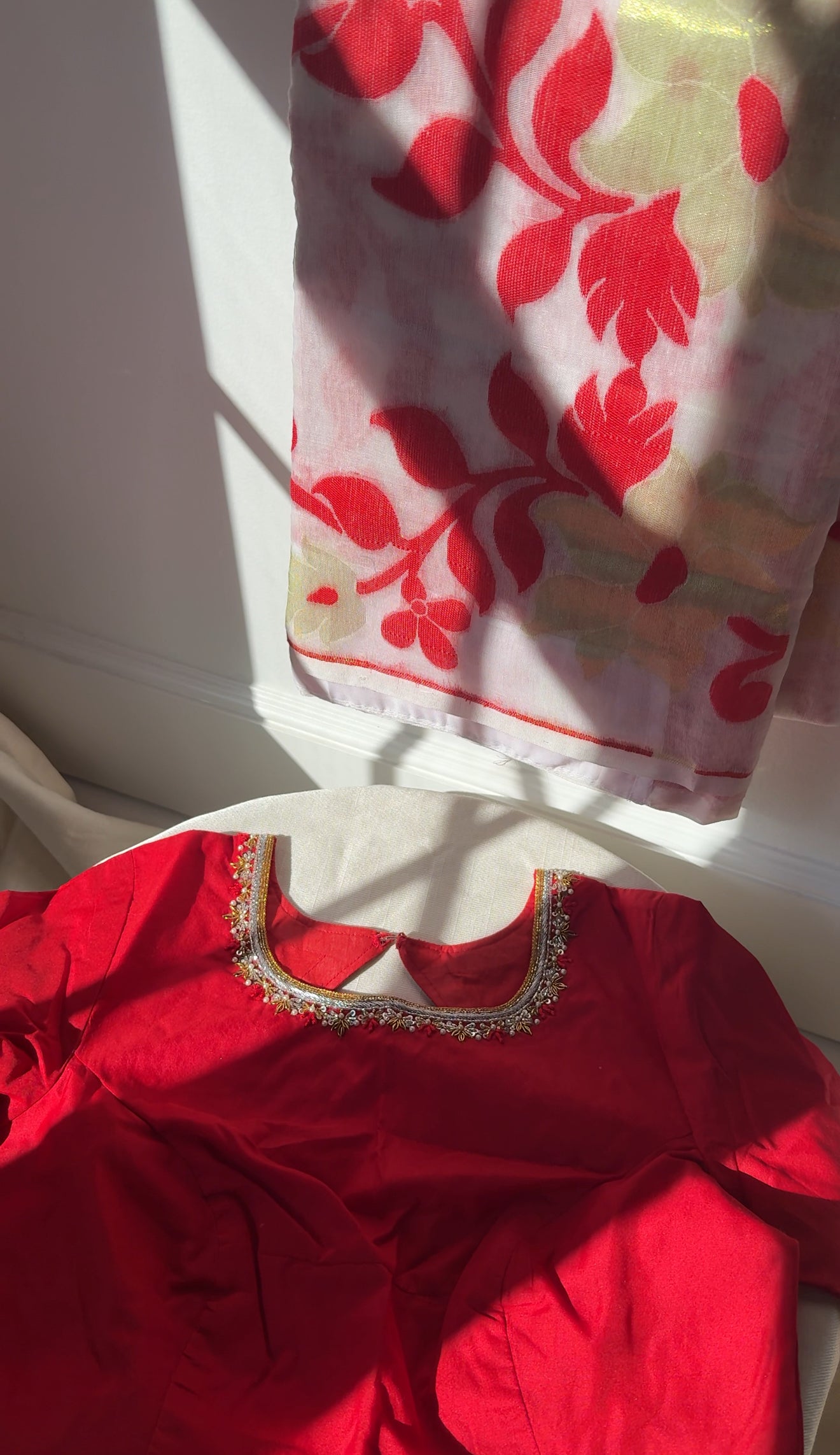 Red & White Jamdhani Muslin Silk Saree
with Hand-Embroidered Pure Silk Cotton Blouse- custom blouse made to your measurements 
Free Shipping within USA • Ships in 3 Weeks •