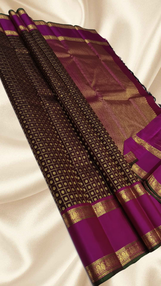 Samprada – Brown & Magenta Kanchipuram Pure Silk Saree with Rettapet Border & Zari Buttas