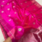 Rani Pink handloom Pattu Silk Chanderi saree with silver zari paisley buttas and tonal dusty-rose border