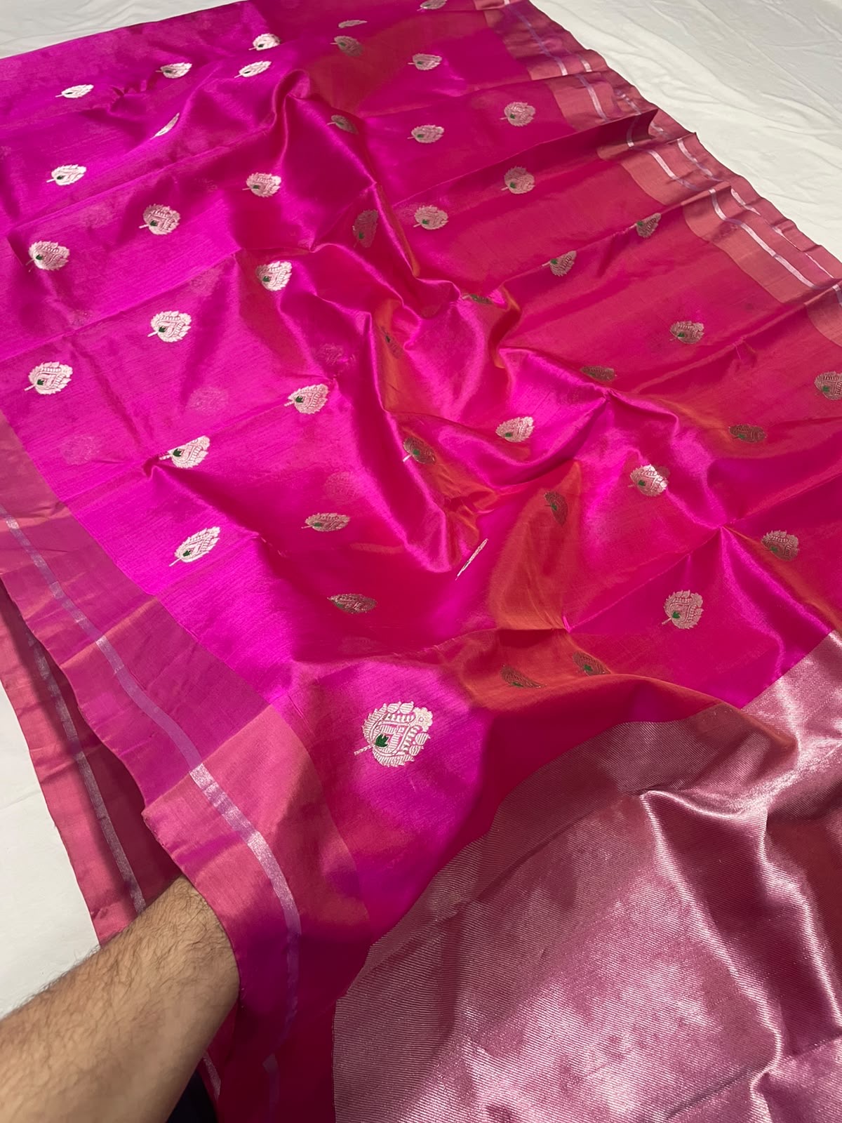 Rani Pink handloom Pattu Silk Chanderi saree with silver zari paisley buttas and tonal dusty-rose border
