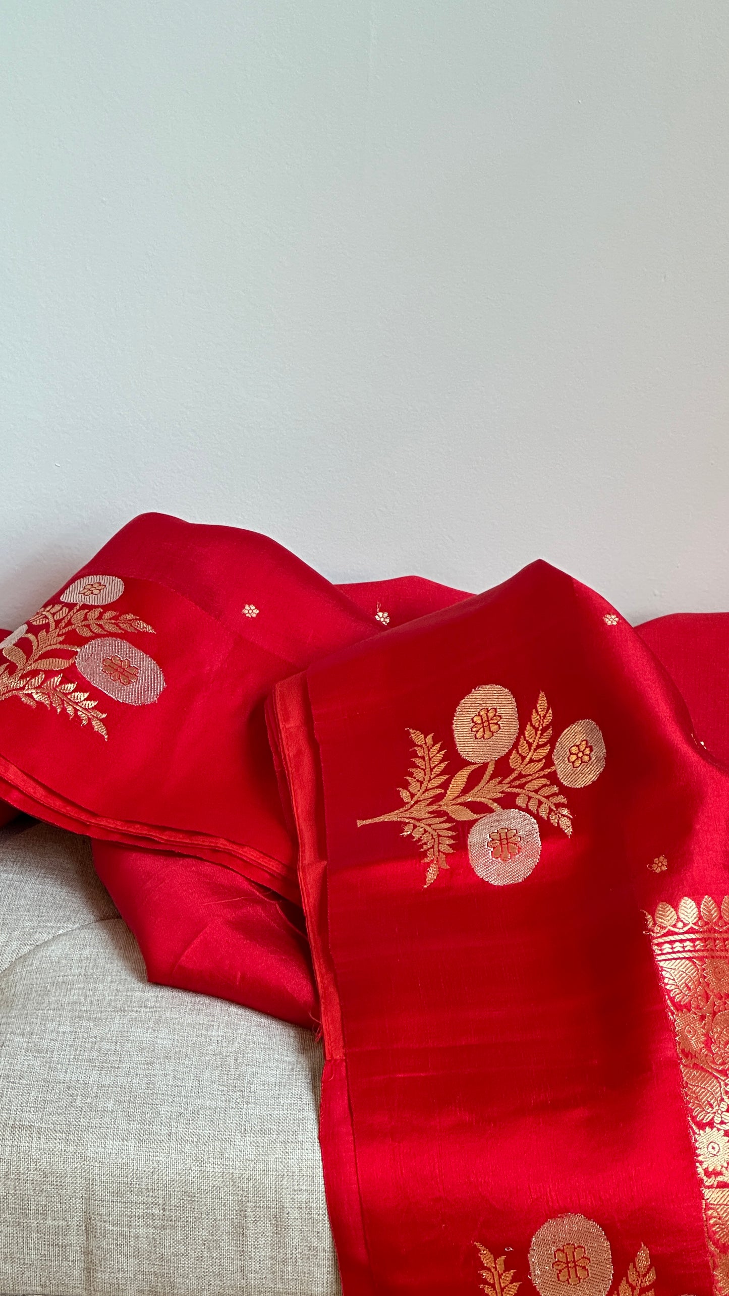 Pure silk kaduva Benares sarees “Raw mango” style - crimson / chilli red