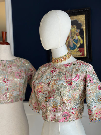 “Garden” -Pastel embroidered blouse , embellished with crystal beads detailing