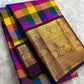 Vibrant Jewel Checks Handwoven Pure Silk Kanchipuram Kanchi Kattam Saree with Peacock Border – view 4