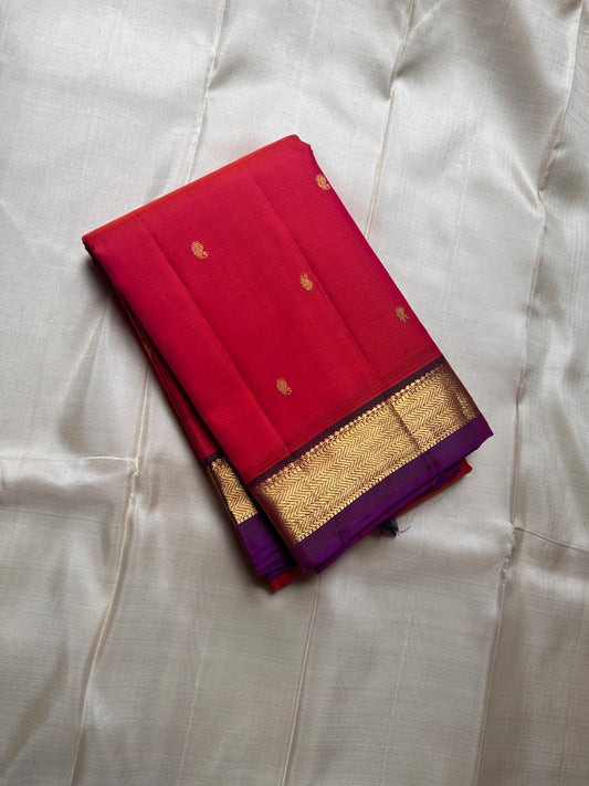 Varam – Vibrant Red Kanchipuram Silk Saree with Chevron Zari Border & Gold Paisley Buttas | Traditional South Indian Wedding Wear | Pure Heritage Handloom