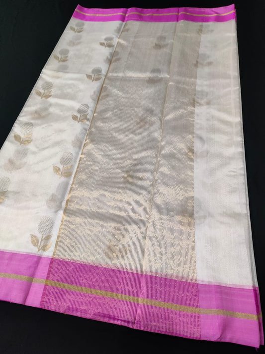 Pure silk chanderi pink and white sona  roopa