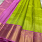 Harita – Chartreuse Green & Pastel Pink Kanchipuram Pure Silk Saree with Floral Jaal & Mayil Border
A refreshing chartreuse green drape with intricate silk thread floral jaal work.
Finished with pastel pink mayil borders and a thick woven Pallu