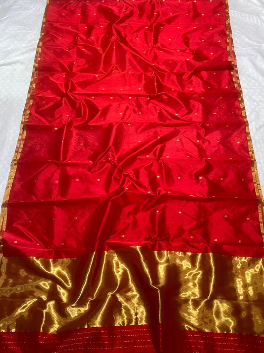 Pure tissue silk handloom red blue  with zari butta all over