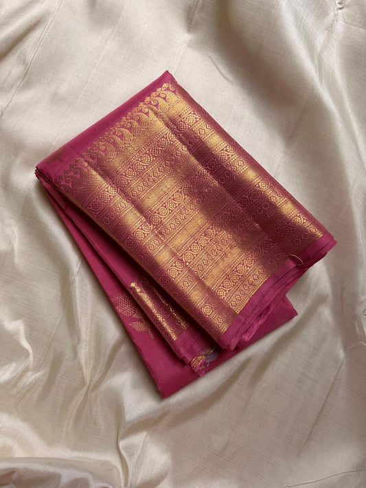 Pretty pink adukkupet pure silk kanjivaram with the Zari Mogra motif inspired by banarasi silks, chakram and mayil grid border