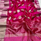 Fuchsia Pink Chanderi Pure Silk Saree with Zari Lotus Buttas and Radiant Gold Pallu
Light as a dream and luminous as morning light, this saree glows in rich fuchsia silk.
Ornate handwoven lotus buttas bloom across the body in fine gold zari.