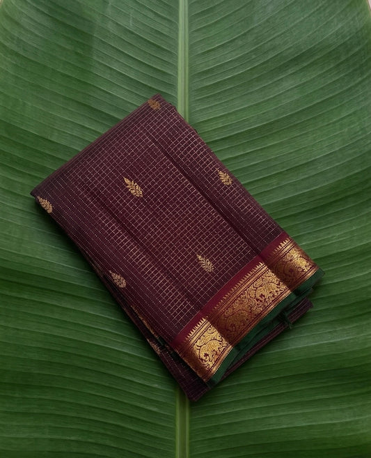 Kanchipuram Silk Saree • Zari Kattam Weave • Coffee Brown with Green