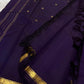 Close-up of purple Kanchipuram silk saree pallu showing rows of gold zari lines, tassels, and narrow diamond-pattern border.