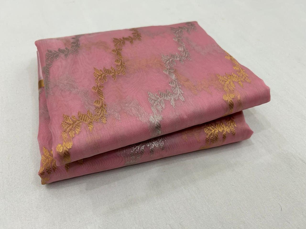 Pink Floss Chanderi Silk Saree with All-Over Sona Roopa Jaal in Gold & Silver Zari – Lightweight, semi Sheer, and Elegantly Handwoven