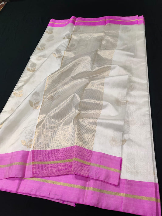 Pure silk chanderi pink and white sona  roopa