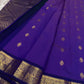 Vadamalli Yaanai – Pure Kanchipuram Silk Saree
Royal purple body with delicate gold zari floral medallion buttas
Ornate yaanai procession borders with vine detailing in zari
Ships in two weeks silk mark certified