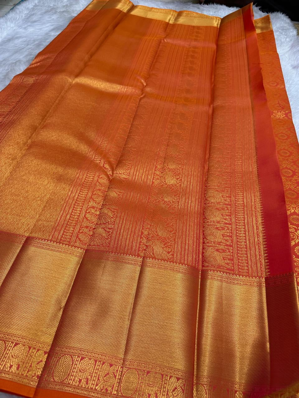 Handwoven sunset orange vermillion Kancheepuram silk saree, full drape
