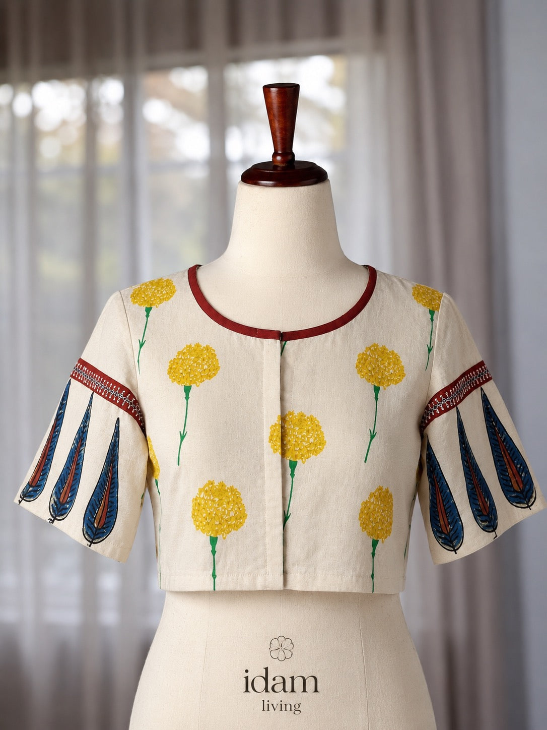 Limited edition pure cotton handblock printed blouse with Ajrakh patchwork sleeves by Idam Living