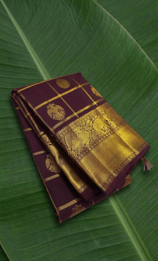 Ruby-Steeped Maroon Zari Kattam Gandaberunda Kanchipuram Silk Saree With Deep Brown Purple Antique Gold Border