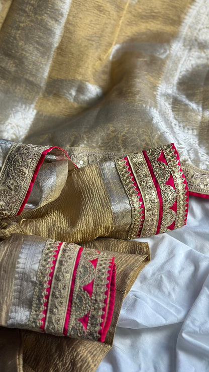 Crushed tissue silk saree and blouse - gold , silver and fuchsia pink lacework