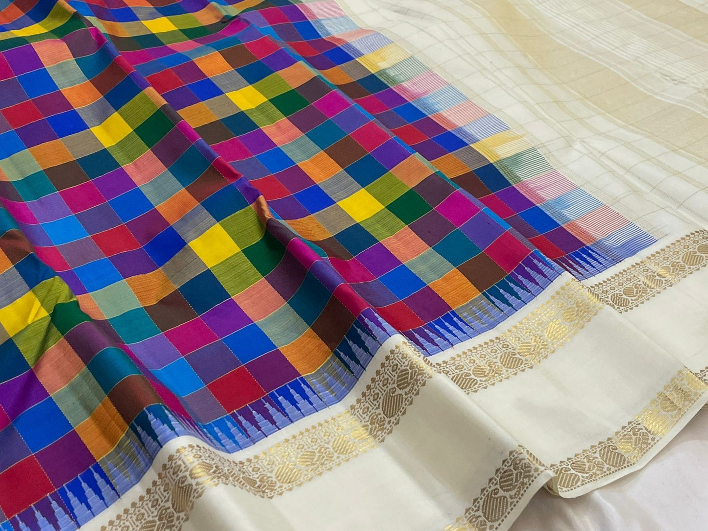 Kanchipuram Silk Saree • Kanchi Kattam Weave • Ivory Cream with Multicolor Checks