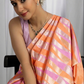 Pastel pink and lilac handwoven pure silk Kanchipuram Ettukol saree with gold zari geometric border