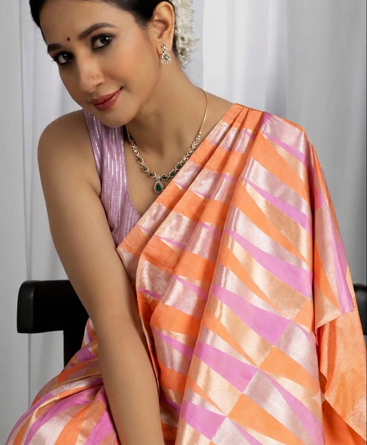 Pastel pink and lilac handwoven pure silk Kanchipuram Ettukol saree with gold zari geometric border