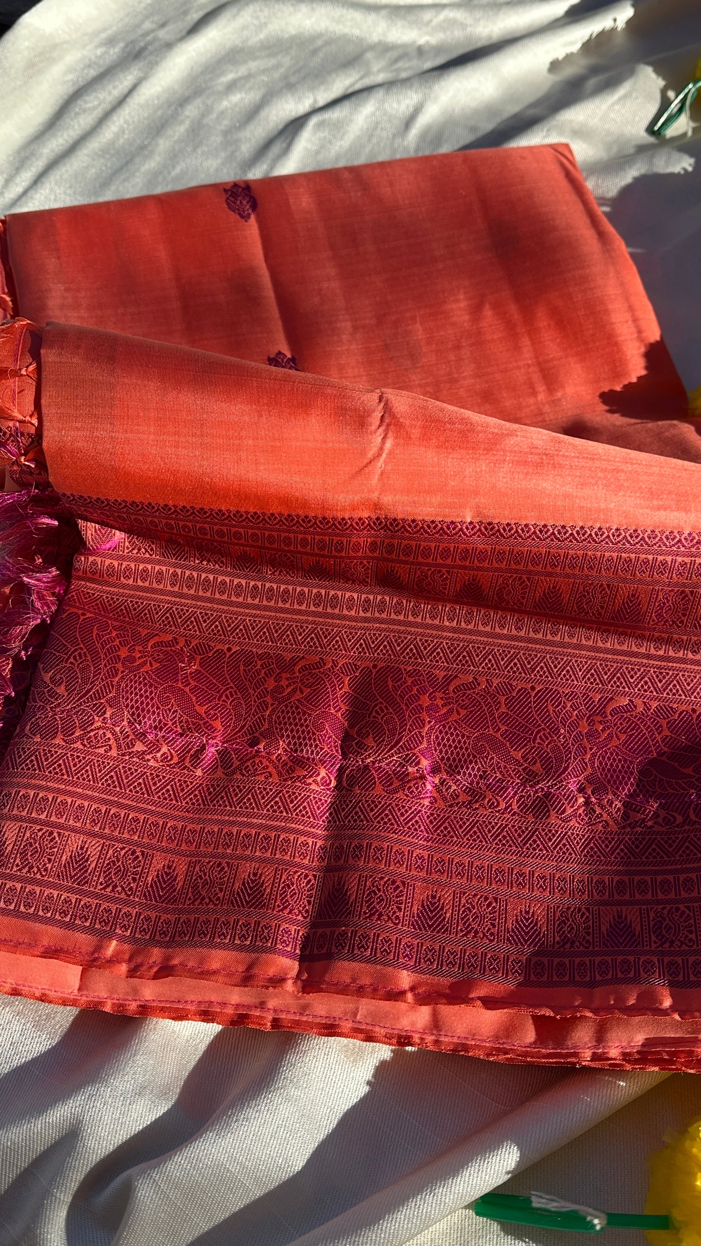 Kanchipuram pure silk no zari peach and purple - silk mark -