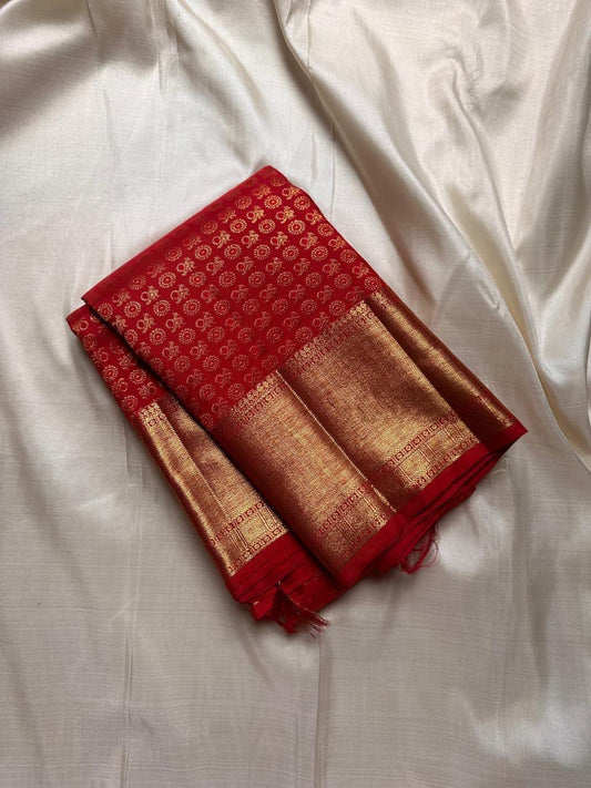 Tara – Red Kanchipuram Pure Silk Saree ✨
Woven with Pure 3G Zari buttas Throughout
Deep Roja-Red Body with Golden Zari Buttas
Broad 3G Zari Border with Traditional Weave
Silk Mark Certified | Free USA Shipping