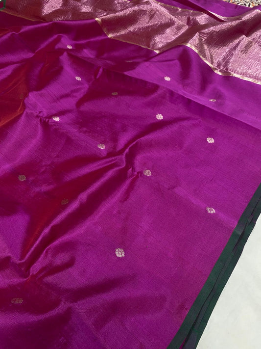 Pure silk Chanderi handloom in an resplendent purple with woven gold zari buttas and green selvedge