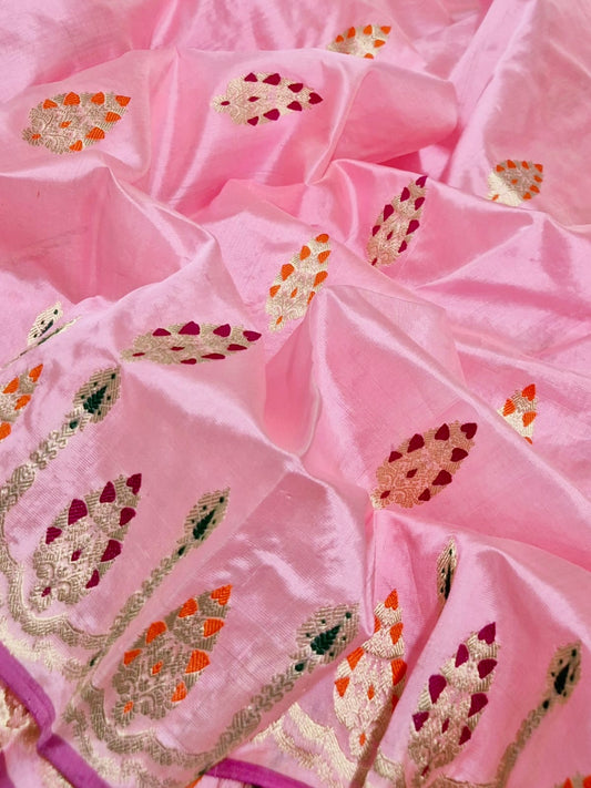 Blush pink Chanderi Pattu Silk saree showing gold-toned body motifs, colourful border and fine striped pallu