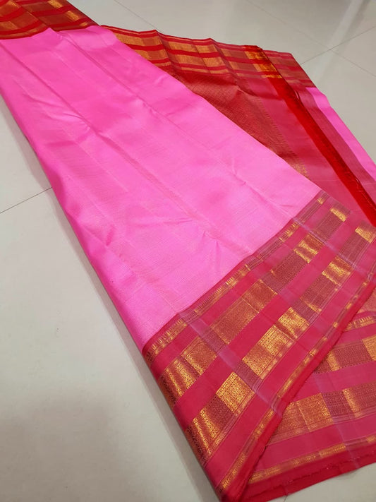 Pattu pink  Glow ✨ – Pure Kanchipuram Silk Saree in Candy Pink with Rani-Red Korvai Zari Border & Grand Brocade Pallu – Silk Mark Certified, Fall & Pico Done, Blouse Stitching Available, ships in two weeks