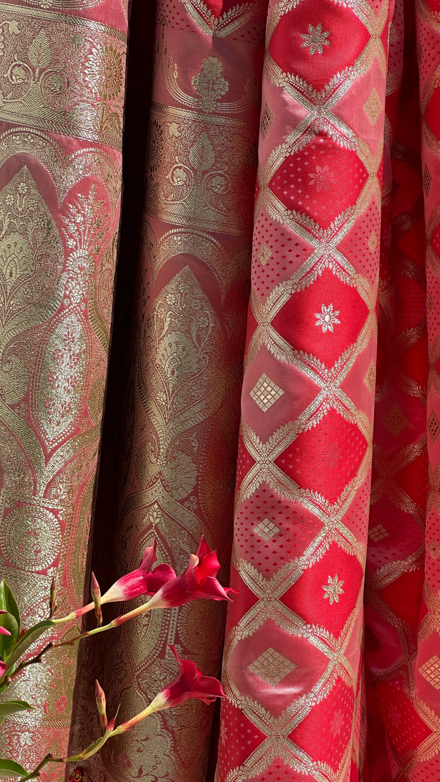 Pink and red banarasi saree set