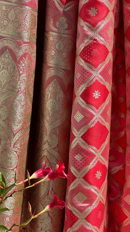 Pink and red banarasi saree set