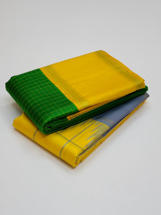 Pure silk kanchipuram bright verdant green with yellow border kattam body and rettapet border with seer Pallu