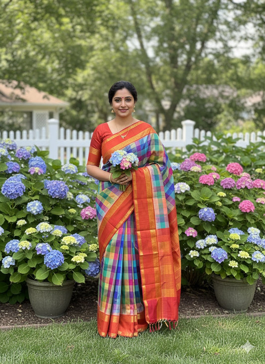 Ratna Mala ✨ – Pure Kanchipuram Silk Saree
Multicolor Checked Body in Vibrant Jewel Tones
Deep Red Korvai Border with Gold Zari Weaving
Grand Red Zari Brocade Pallu with Traditional Motifs
A Regal Handwoven Drape – Perfect for Weddings & Festive Wear!