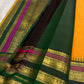 Lakshanam ✨ – Maambazha (Mango) Yellow Kanchipuram Pure Silk Saree
Korvai Deep-Green Border with Yazhi, Peacock & Elephant Varisaipet Panels
Temple-Tip Inner Edge & Rani-Magenta Accent Stripes
Intricate Zari-Weave Green Pallu with Chevron & Stripes