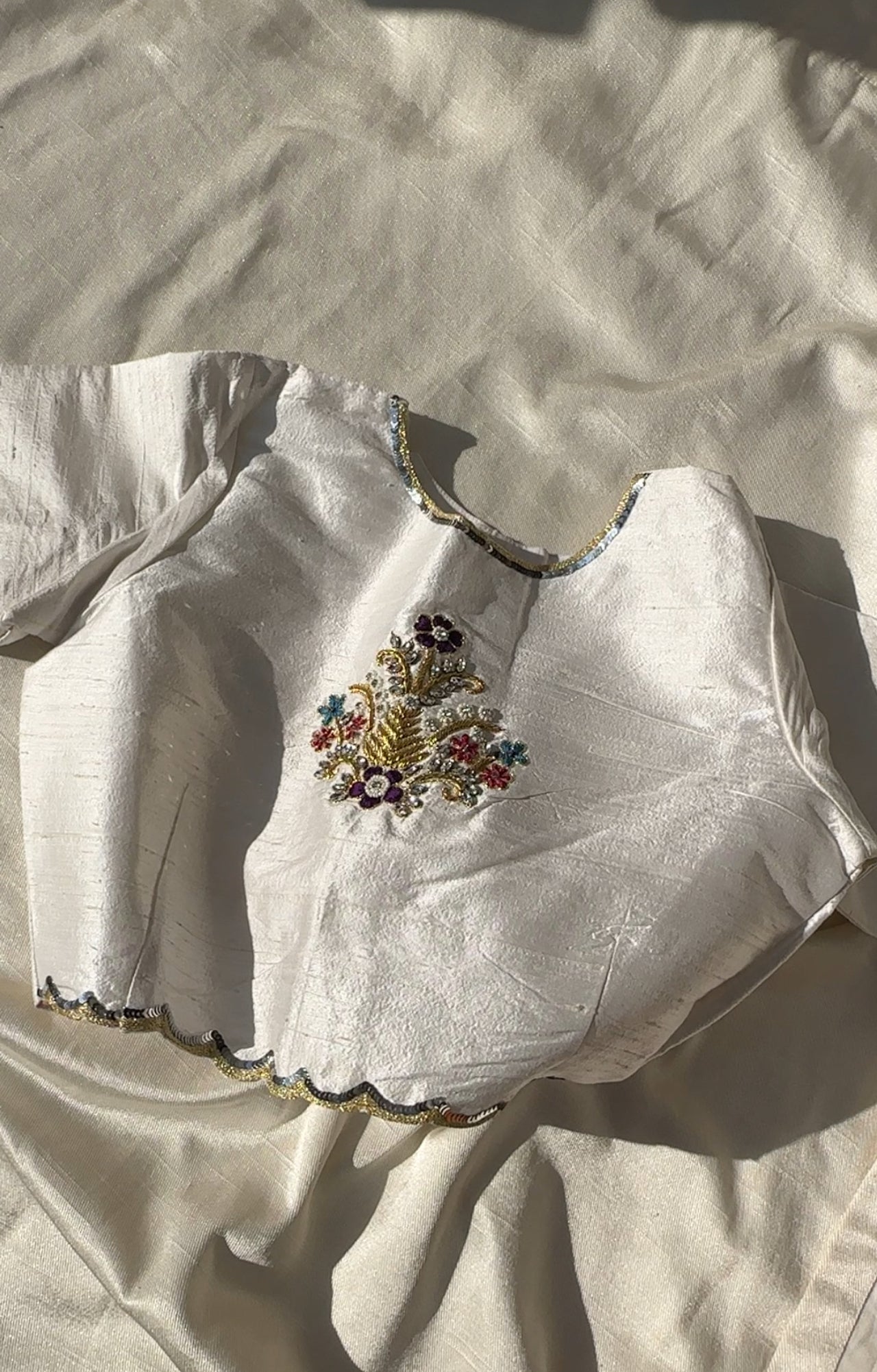 White  raw silk embroidered blouse