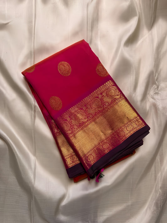Sowmya – Fuchsia & Magenta Kanchipuram Pure Silk Saree with Sorgavasal Mayil Motifs, Baavanji Border & Maroon Selvedge