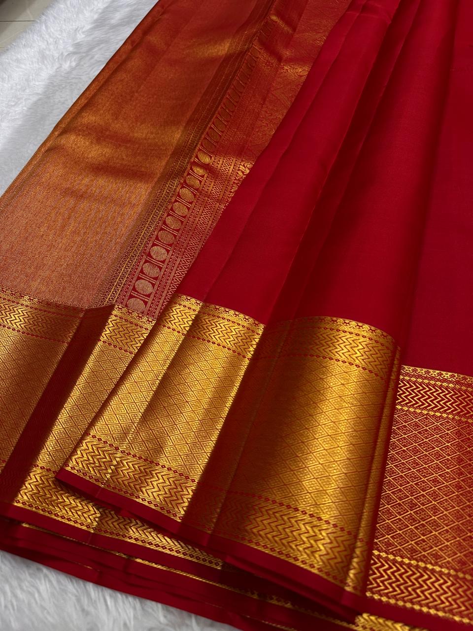 Pillar box red Kancheepuram saree border and pallu detail