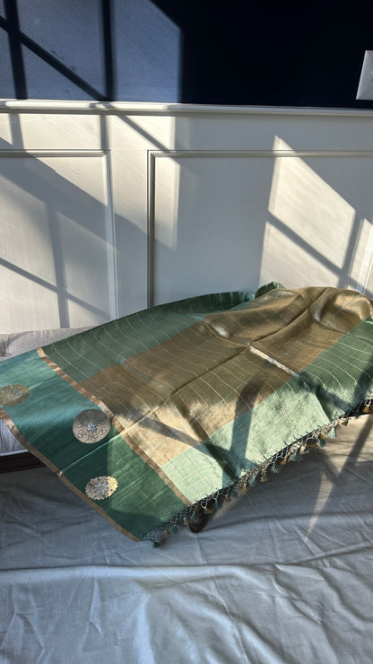 Pure silk kaduva Benares sarees “Raw mango” style - pastel green checked