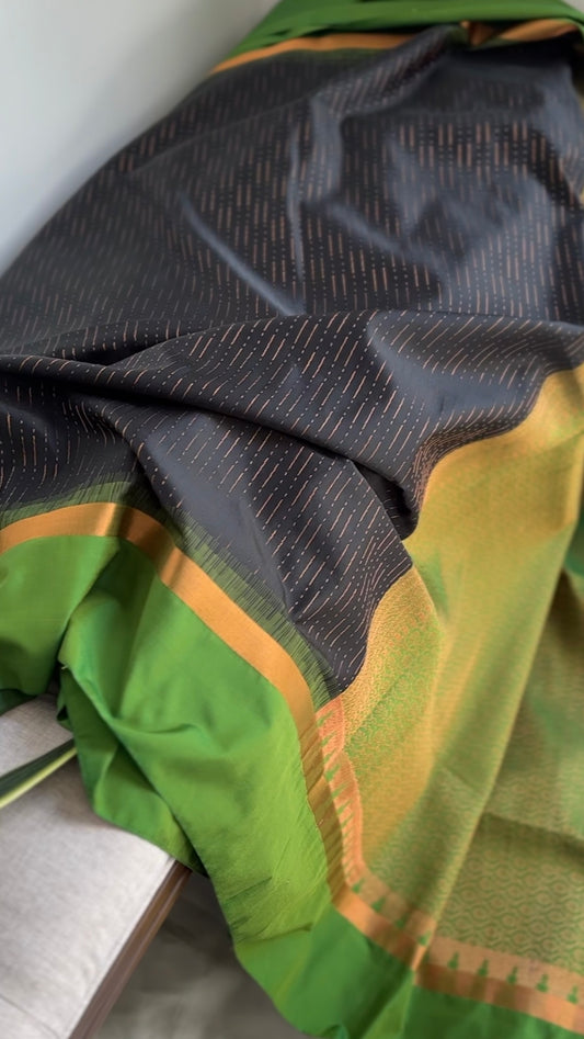 Black copper and lush  green soft silk saree