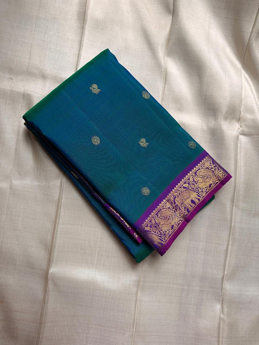 Purple and teal or peacock blue kili pure silk Kanchipuram