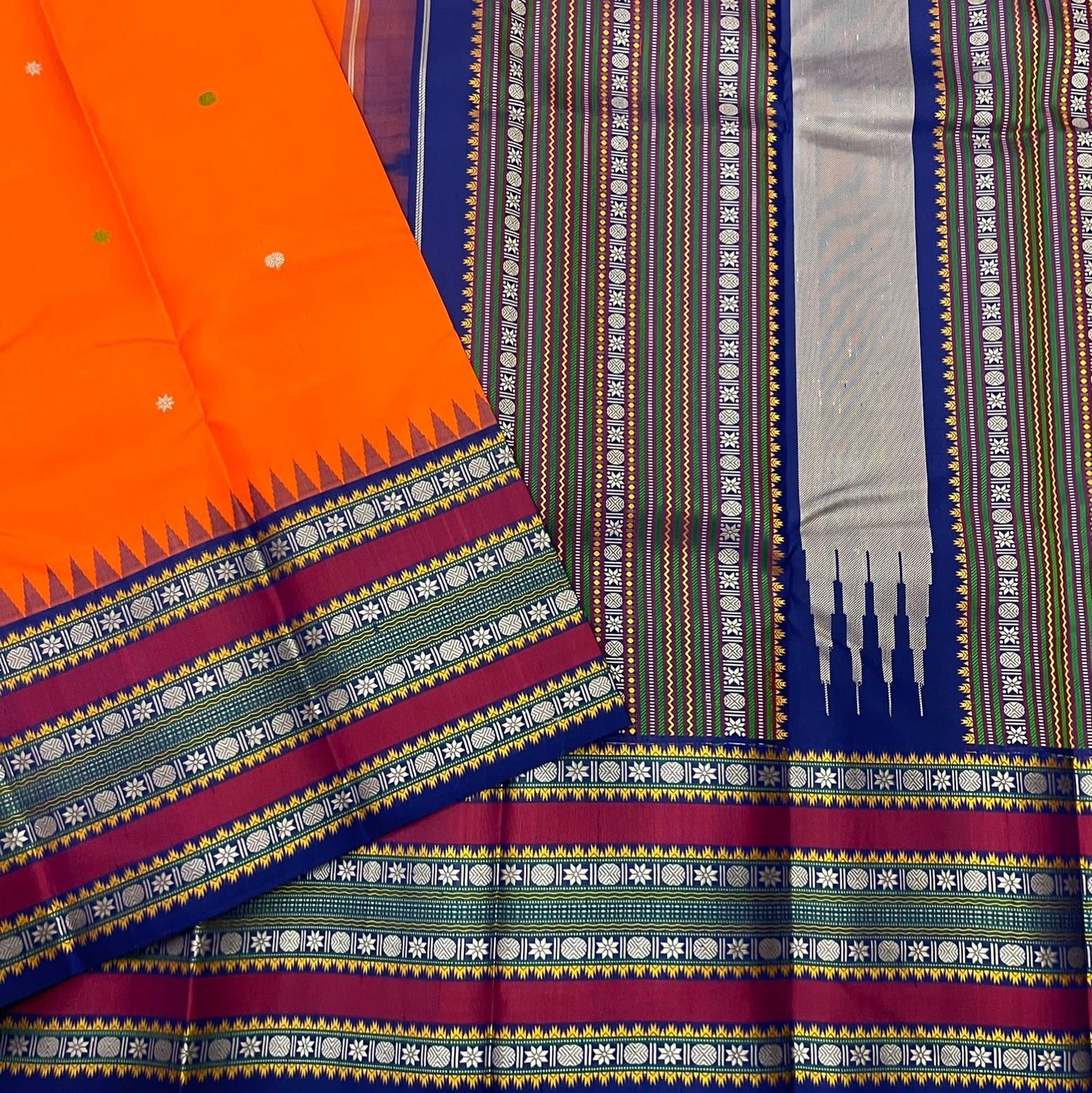 Orange Pillayar Moggu Varisaipet ✨ – Pure Kanchipuram Silk Saree with Temple Border & Varisaipet Stripe Pallu – Silk Mark Certified, Fall & Pico Done, Blouse Stitching Available, free shipping, silk mark certified, ships in two weeks